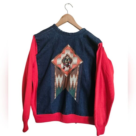 Vintage Red and Denim Western Tribal Beaded Concho Open Front Sweater Size L - Picture 2 of 9